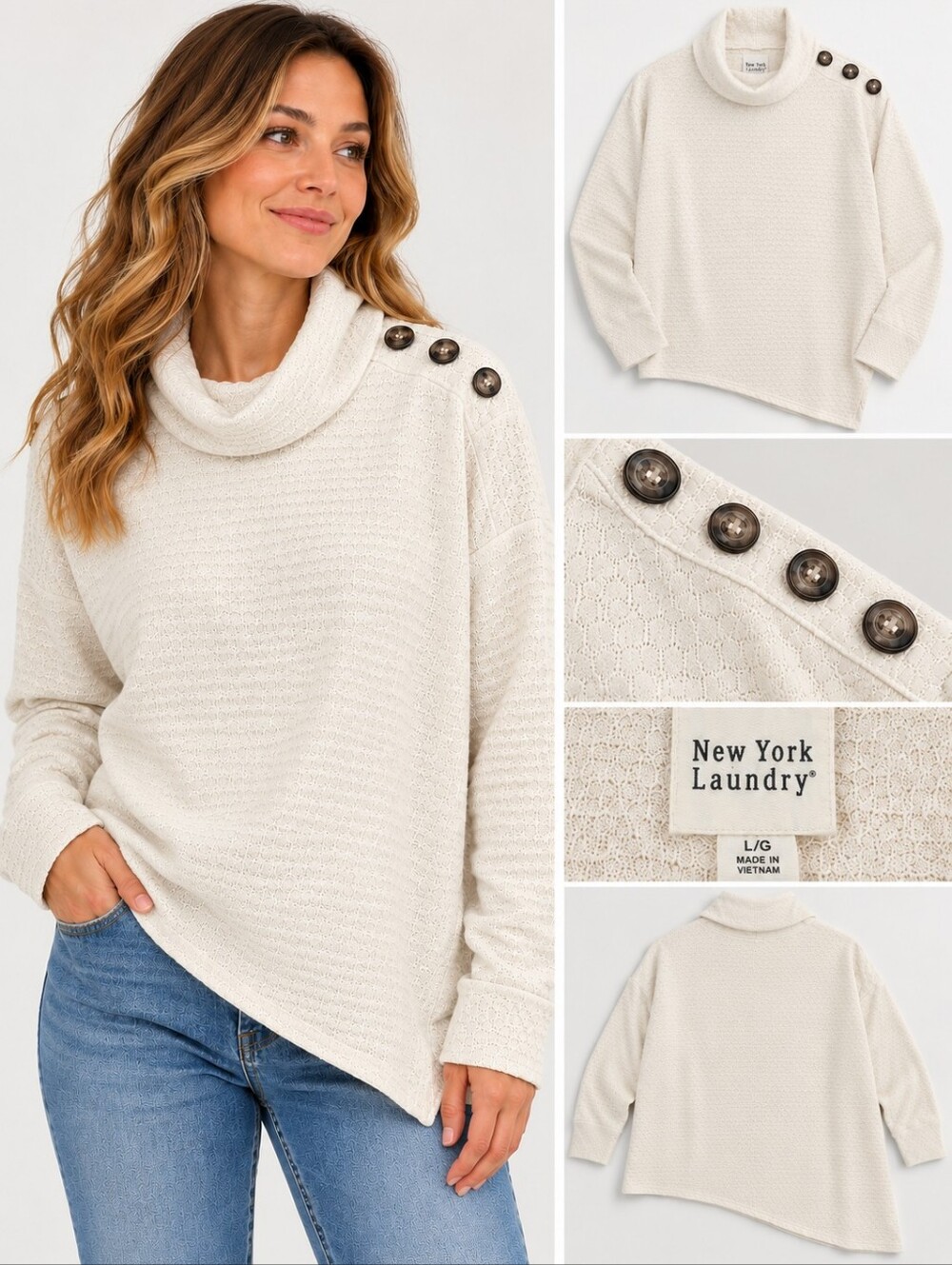 New York Laundry Cream Cowl Neck Sweater with Button Accents